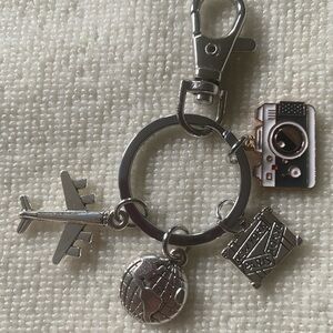 Silver Travel Charm Keychain with Airplane, Globe, Camera & Suitcase